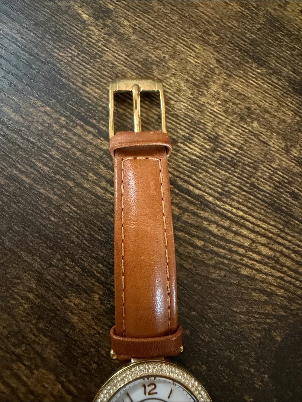 Michael Kors Gold Crystal Bezel White Dial Brown Leather Strap Watch